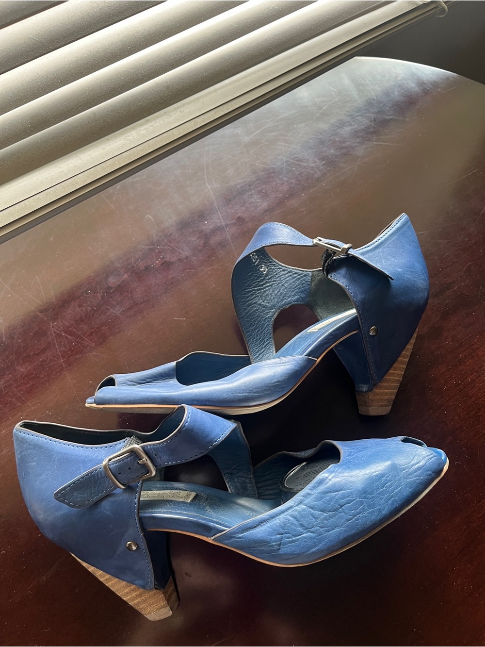 Blue Leather Peep-Toe Ankle-Strap Sandals